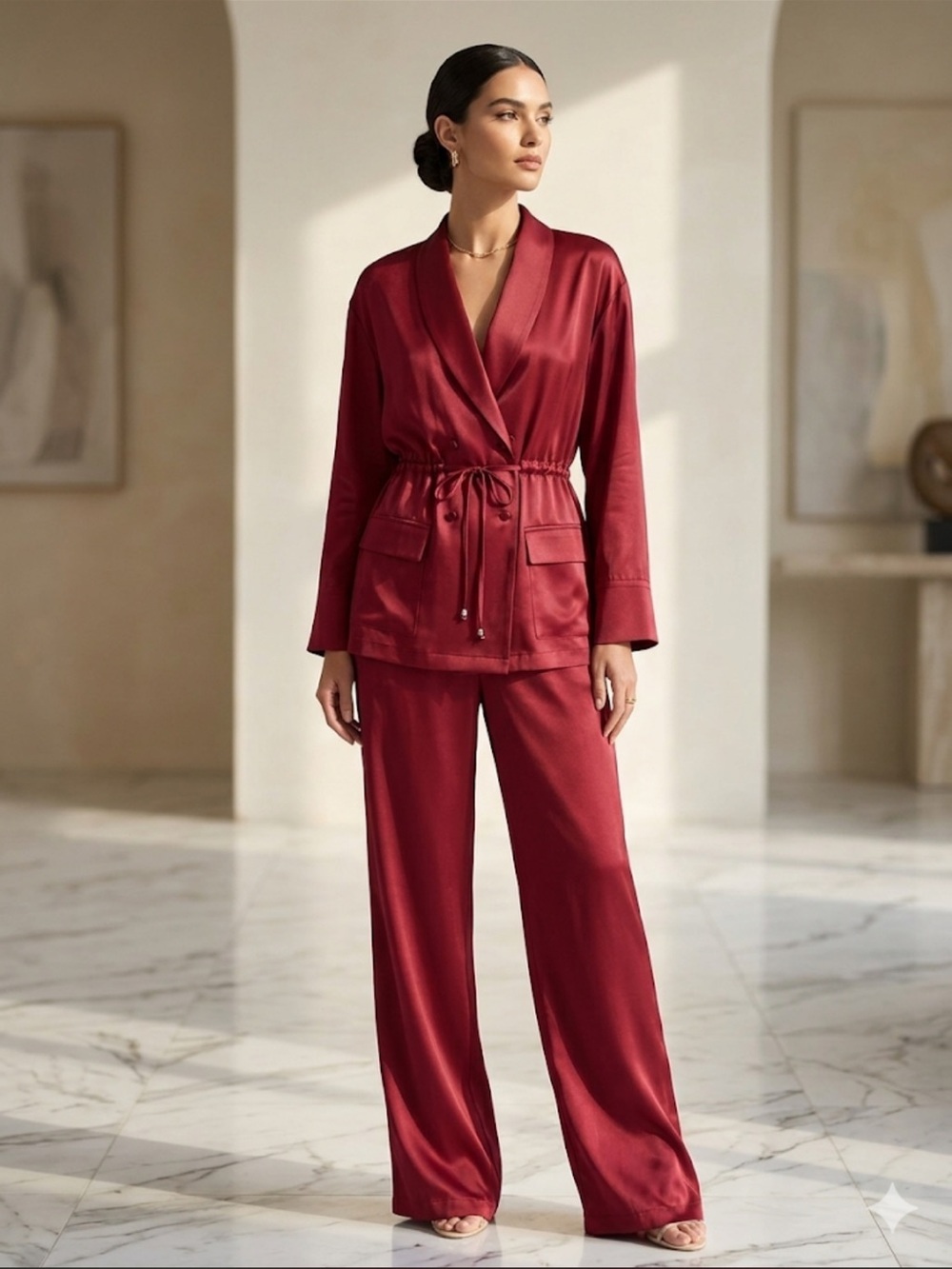 Women's Satin Drawstring Waist Jacket - Burgundy